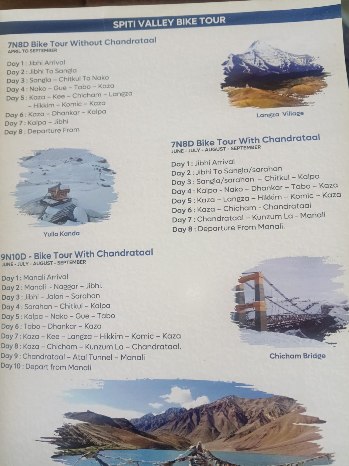 Spiti Valley Bike Tour itineraries — 7N8D and 9N10D